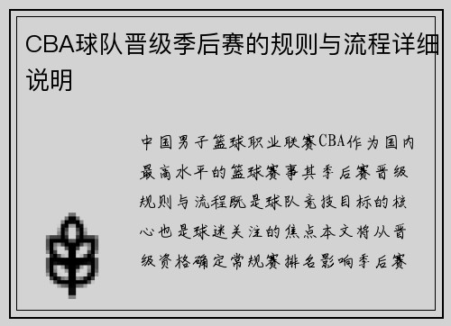 CBA球队晋级季后赛的规则与流程详细说明